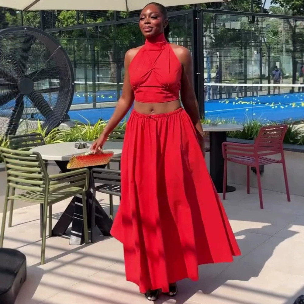 ZARA Red Sexy Backless Pleated Top and African Print Elastic Waist Skirt Set